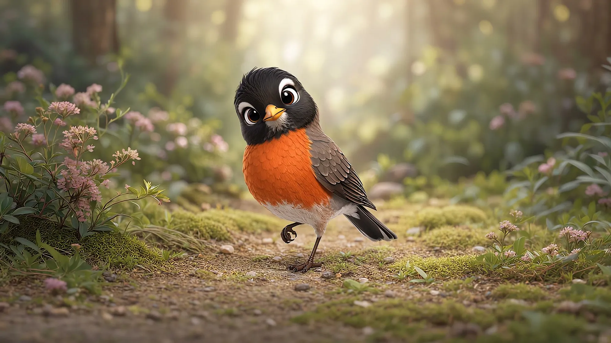 A robin on a forest path, mid-step, from the Spotter hero film
