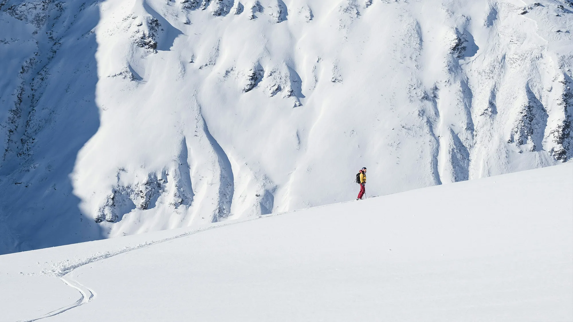 A lone backcountry skier skinning across a vast sunlit snowfield below a steep, avalanche-scoured alpine face