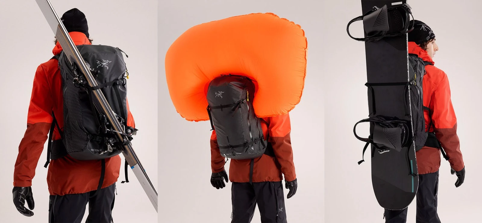 The LiTRIC pack carried by a skier and a splitboarder, with the orange airbag shown deployed