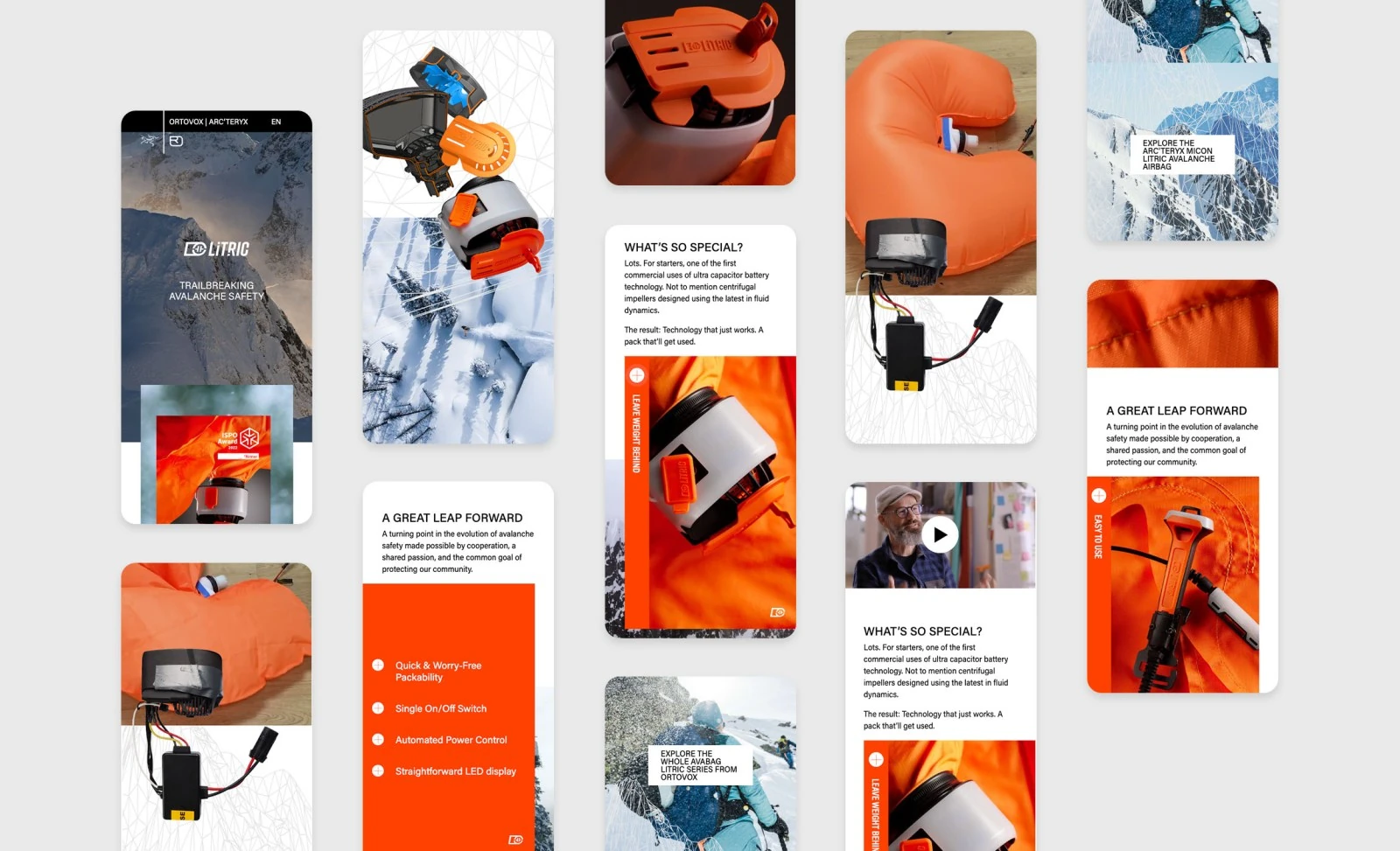 Mobile screens from the LiTRIC landing page laid out in a grid
