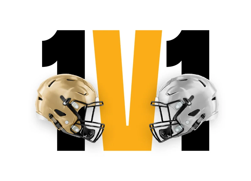 1V1 — a gold and a silver football helmet facing off across a bold “1v1”