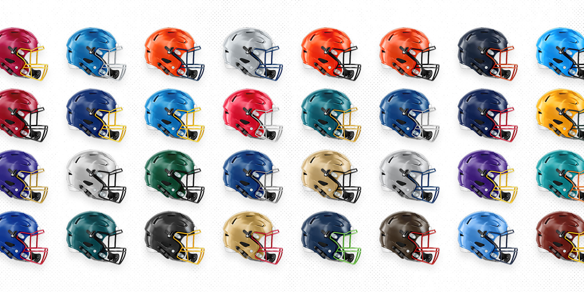 A grid of football helmets in dozens of team colourways