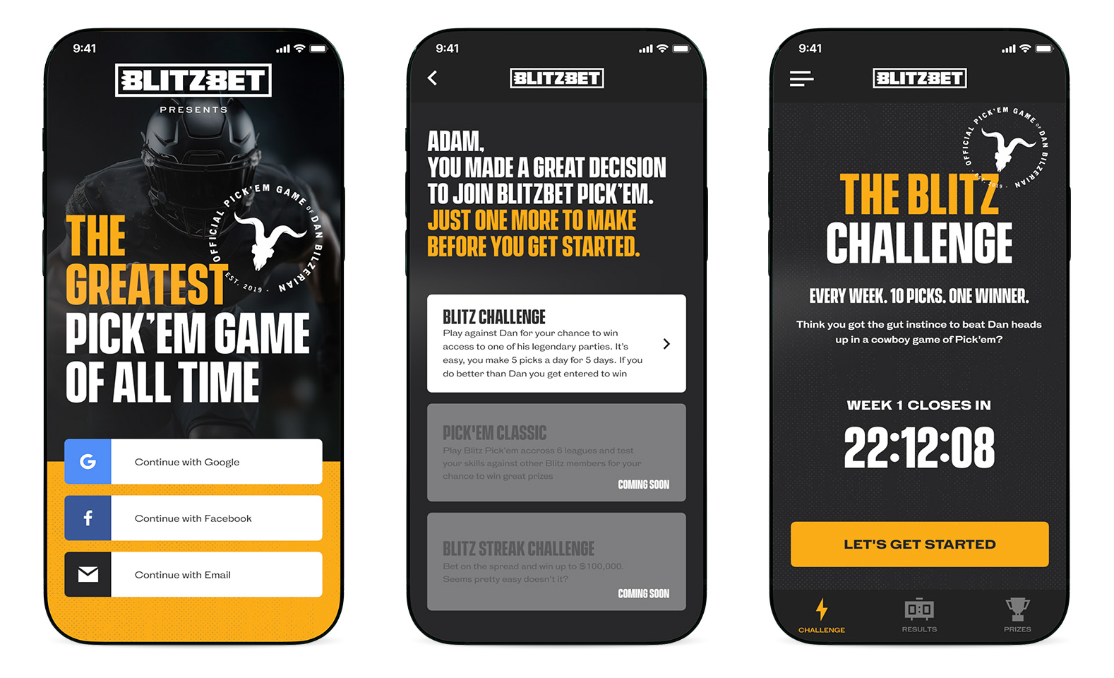 Finished BlitzBet app — sign-in, the game modes, and the Blitz Challenge countdown