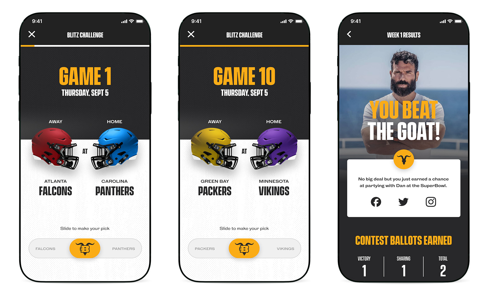 Finished BlitzBet app — helmet matchups and a “You beat the GOAT!” results screen