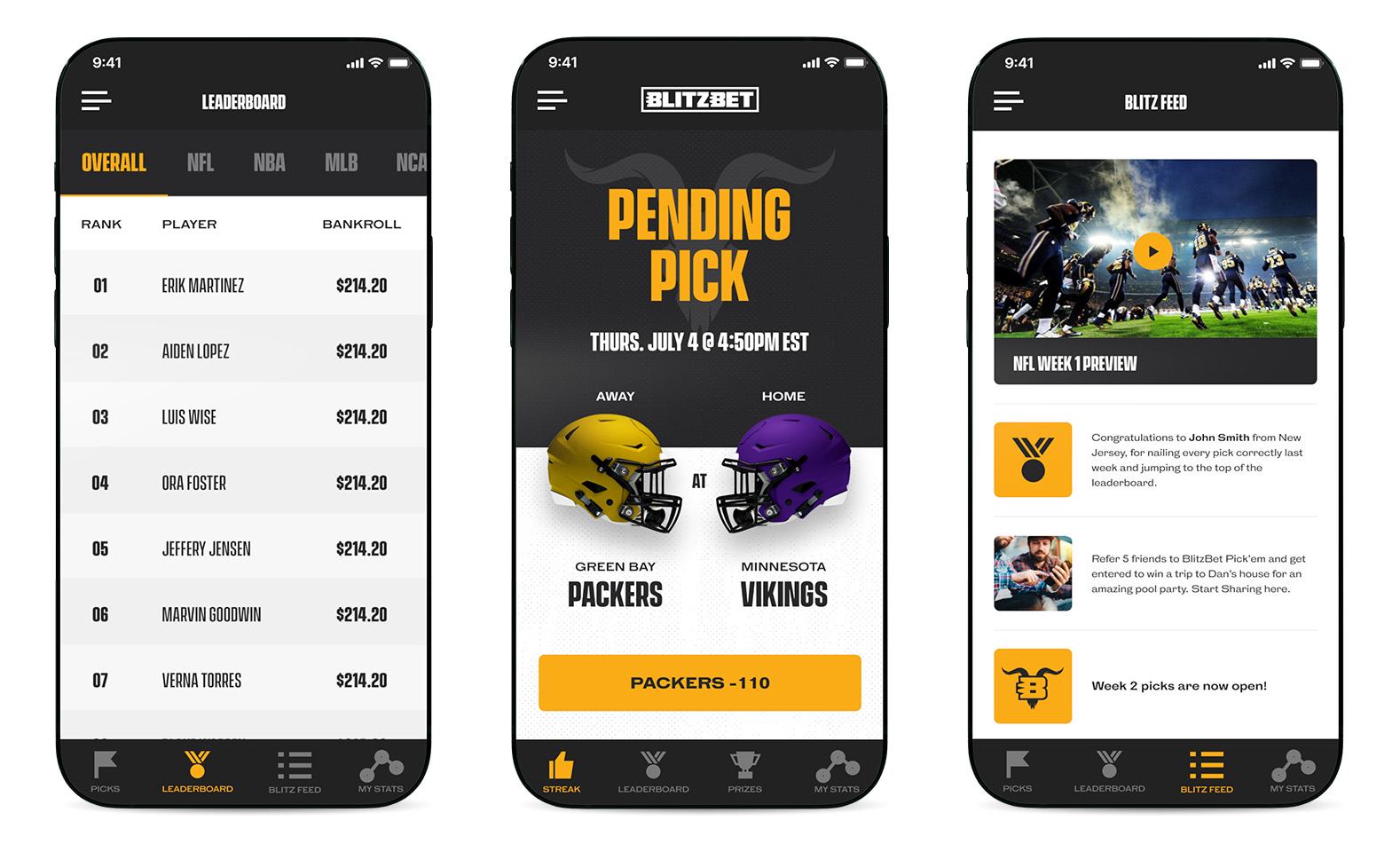 Finished BlitzBet app — the leaderboard, a pending pick, and the Blitz Feed