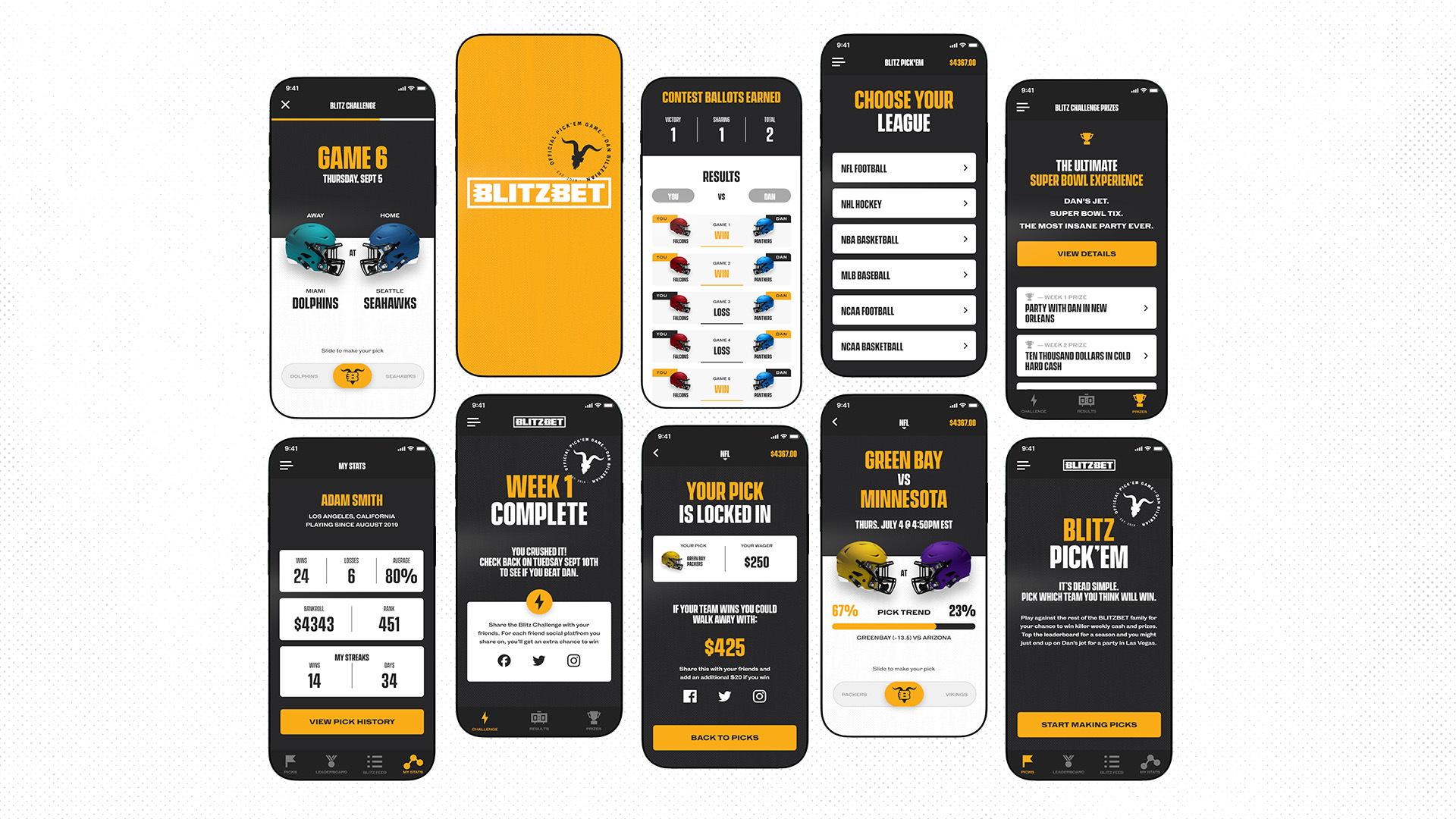 A collage of finished BlitzBet app screens — challenges, matchups, results, leagues, prizes, and stats