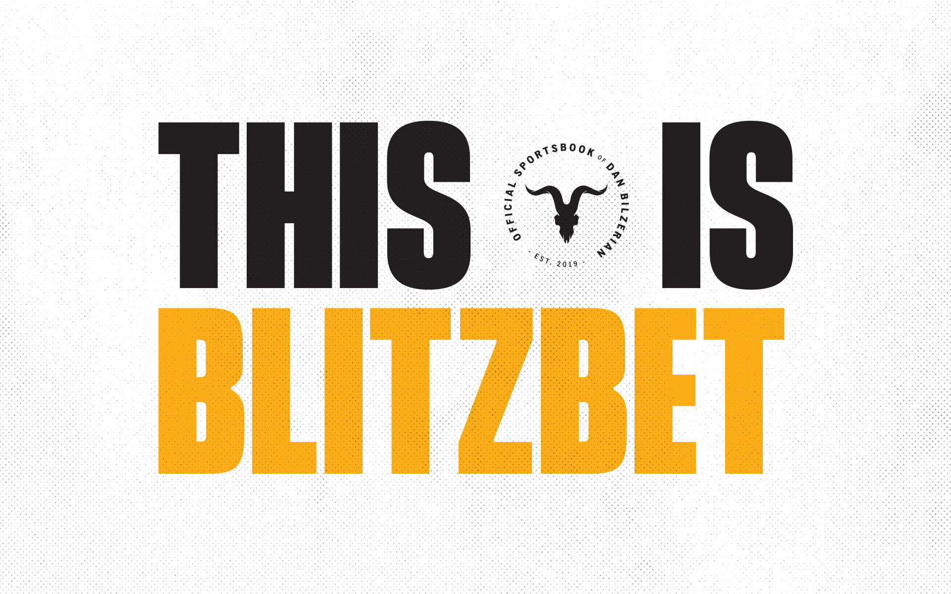 BlitzBet brand type — “This is BlitzBet,” with the goat-skull “Official Sportsbook of Dan Bilzerian” seal
