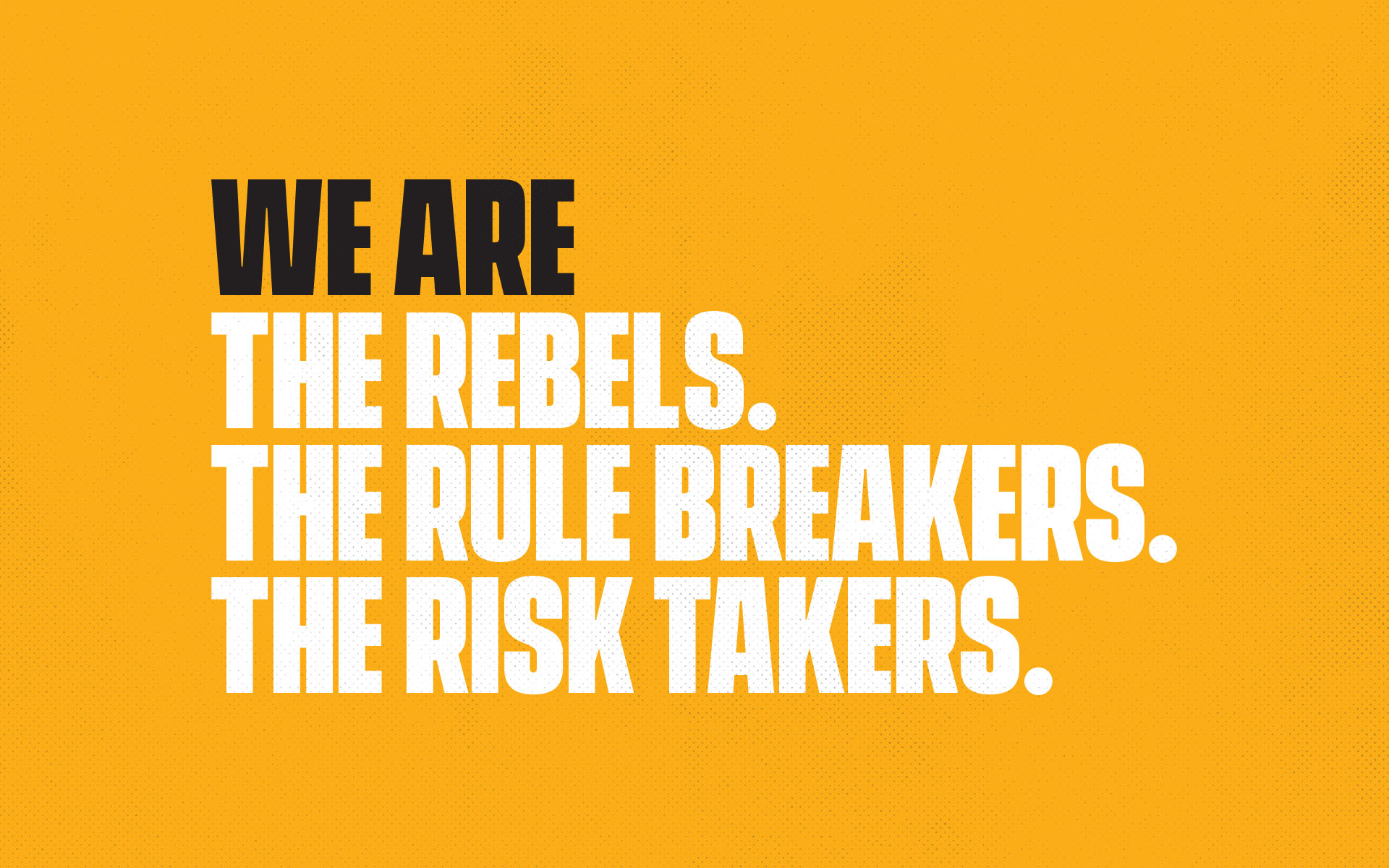 BlitzBet brand type on amber — “We are the rebels. The rule breakers. The risk takers.”