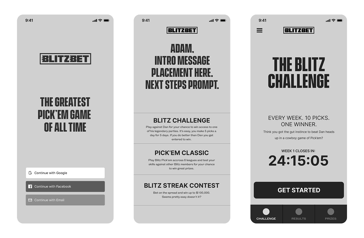 Grayscale wireframes — BlitzBet sign-in, the game modes, and the weekly Blitz Challenge countdown