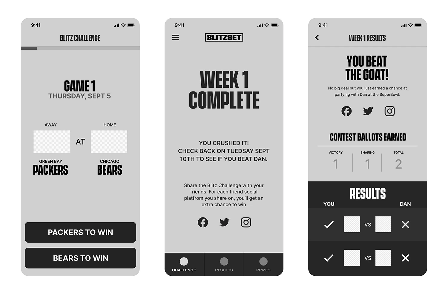 Grayscale wireframes — a matchup pick, a week-complete screen, and week-one results