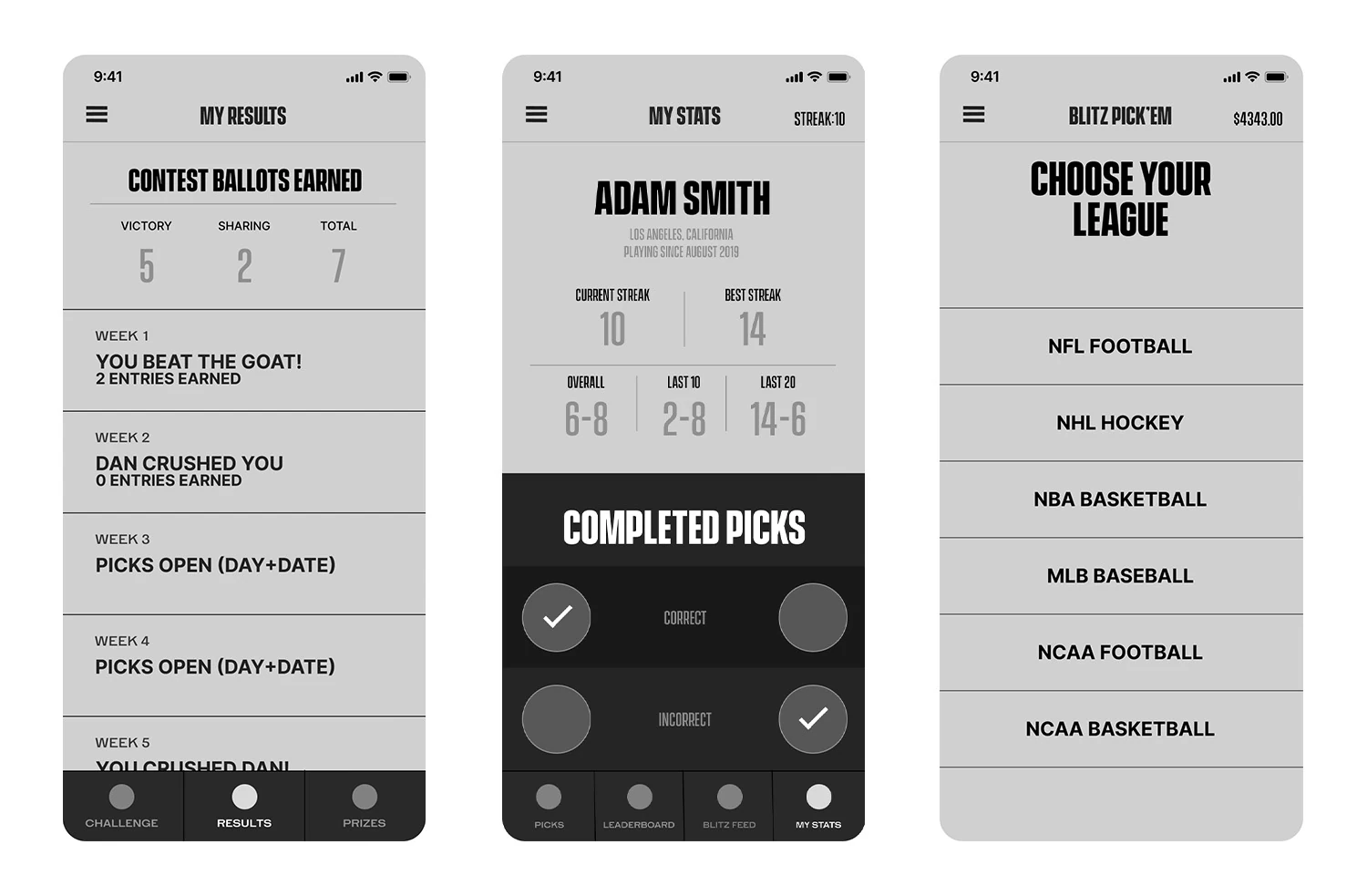 Grayscale wireframes — contest results, player stats, and league selection