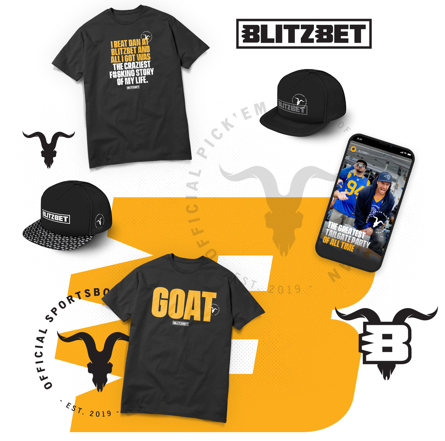 BlitzBet merch — “I beat Dan” and “GOAT” tees, snapback caps, and an in-app tailgate screen