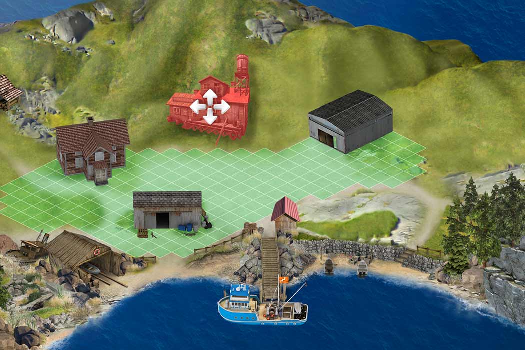 The harbour-building screen, placing structures on an isometric shoreline