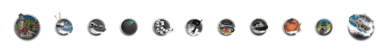 A row of Atlantic Empire game icons — ports, boats, sonar, crab pots and catches
