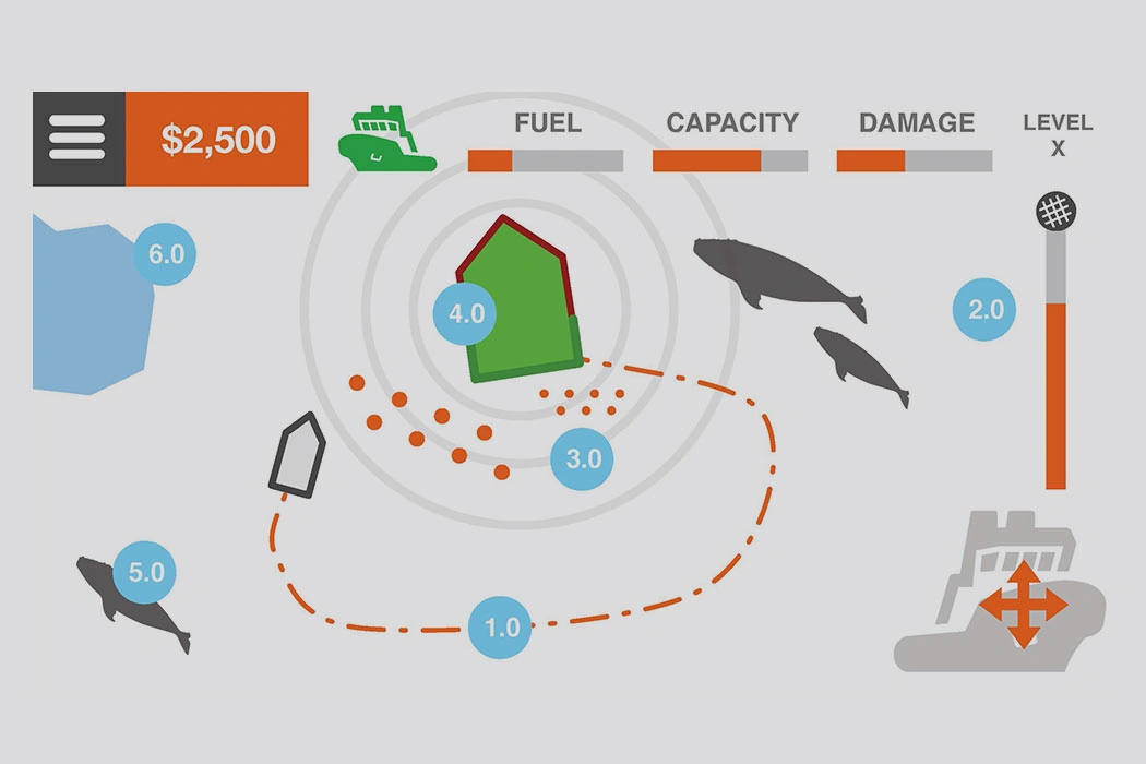 Flat-colour concept mockup of the same net-fishing screen