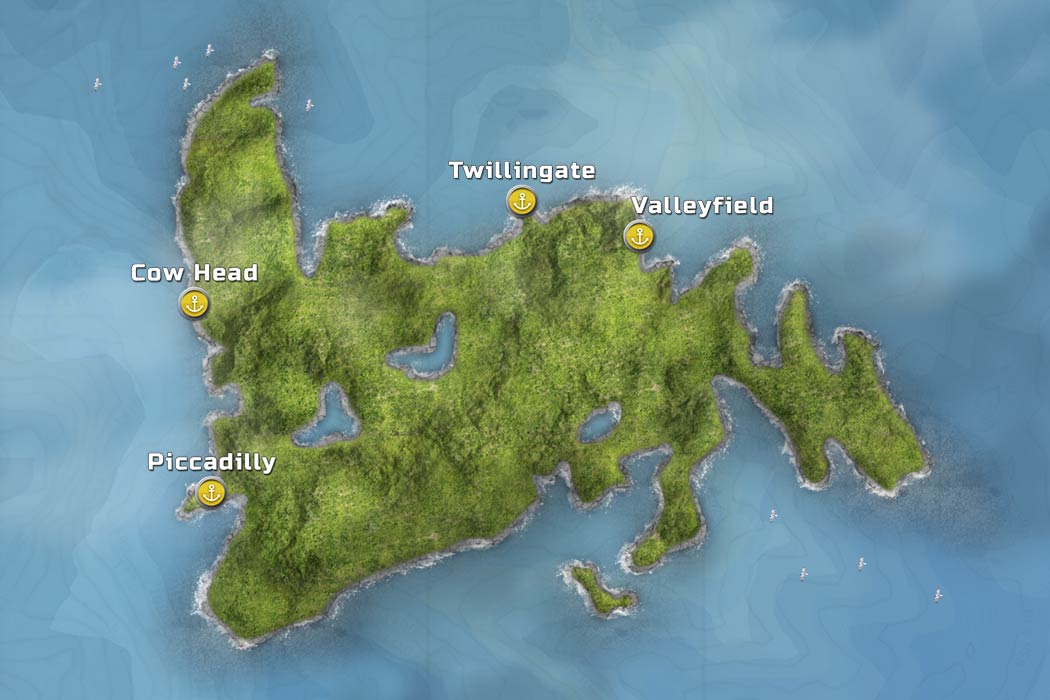 In-game map of Newfoundland with selectable ports: Cow Head, Piccadilly, Twillingate and Valleyfield