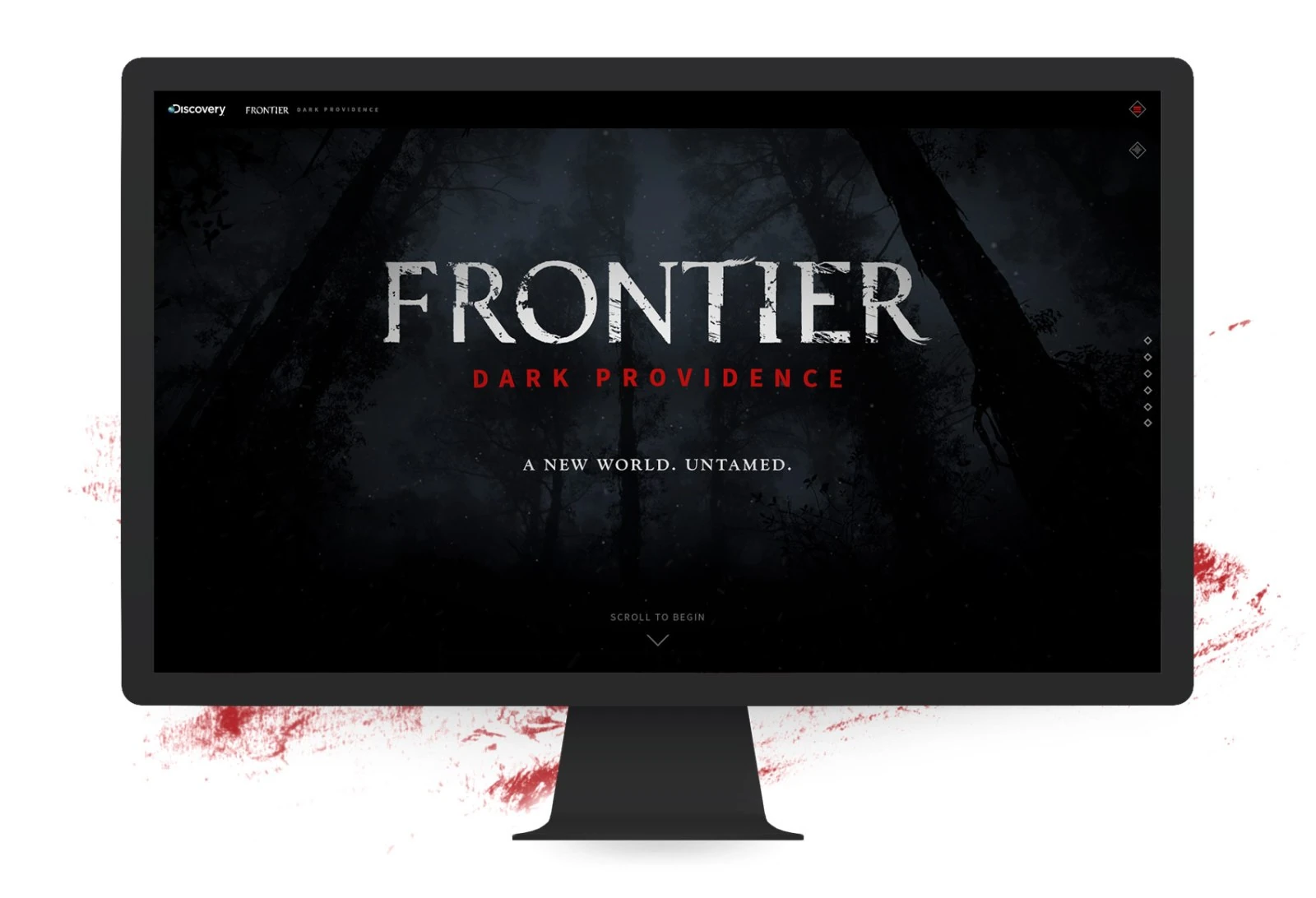 The Dark Providence landing screen on a desktop monitor, framed by a blood splatter