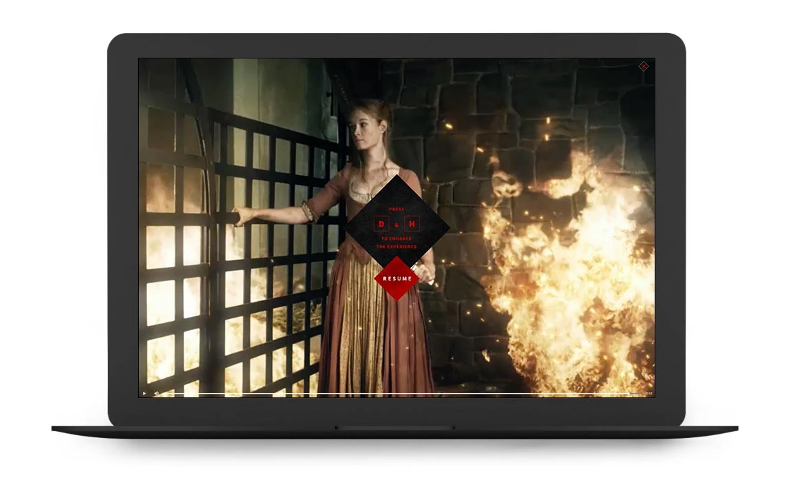 A character scene with fire VFX and the D and H enhance controls