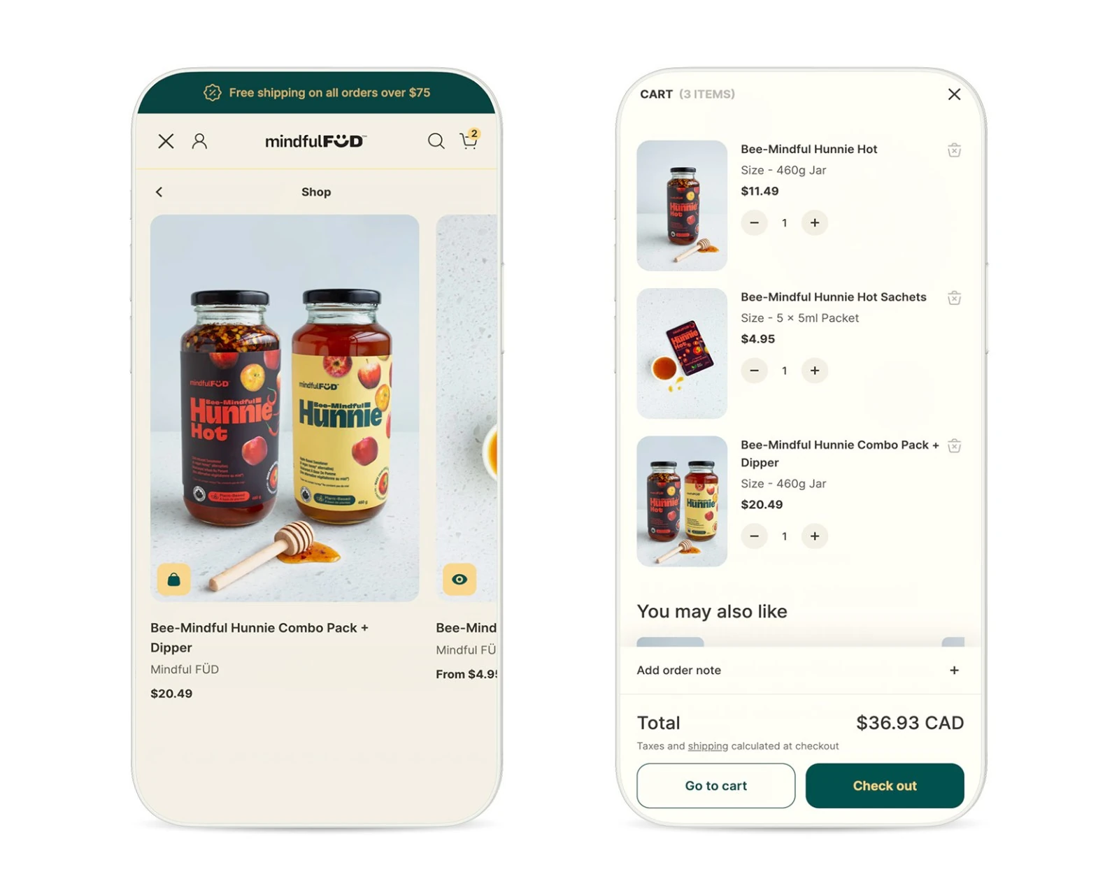 mindfulFÜD on mobile — product and checkout screens