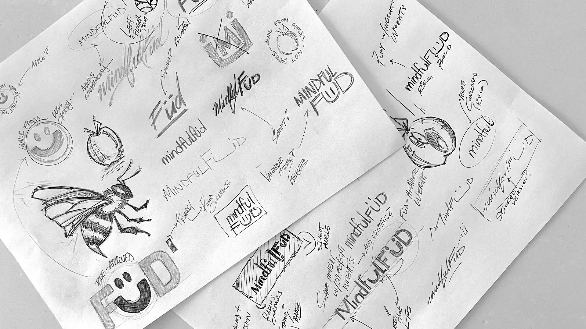 Hand-drawn logo sketches from the rebrand exploration