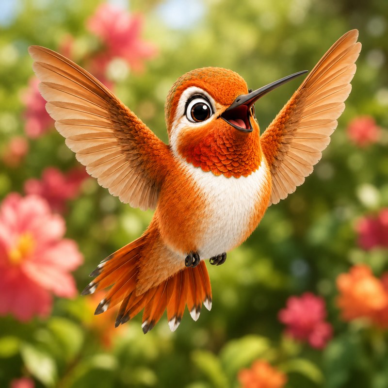 Rufous Hummingbird in habitat, hovering at a flower