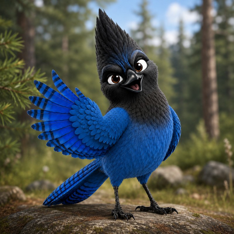 Steller's Jay in habitat, perched in conifer