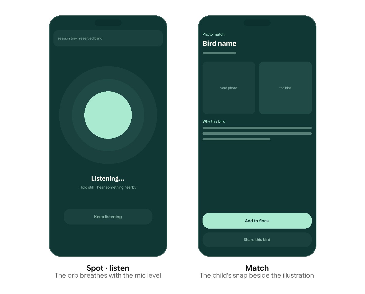 Wireframes: listen mode and the match card