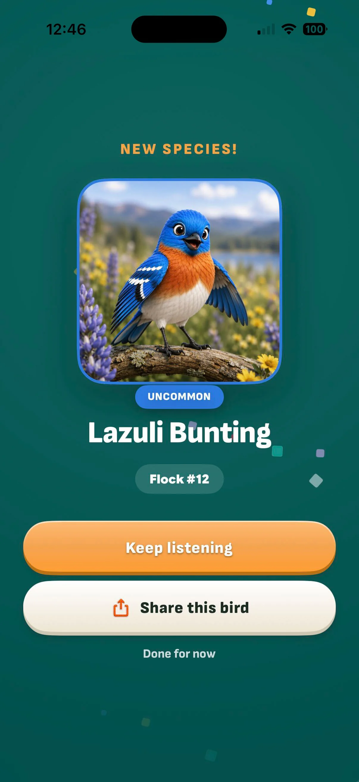 A catch: New Species, a Lazuli Bunting marked uncommon, filed as Flock number 12, with Keep listening and Share this bird beneath