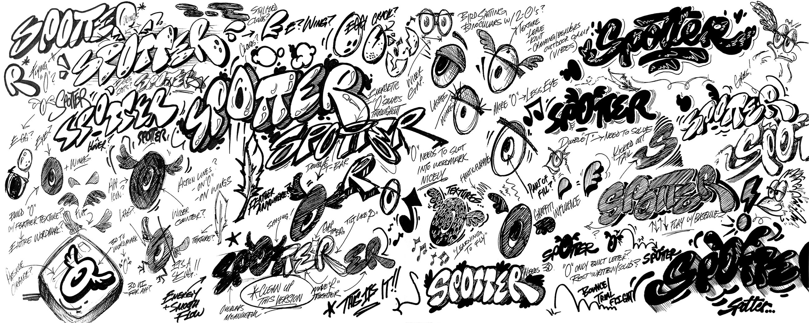 A wall of hand-drawn Spotter wordmark explorations, annotated throughout