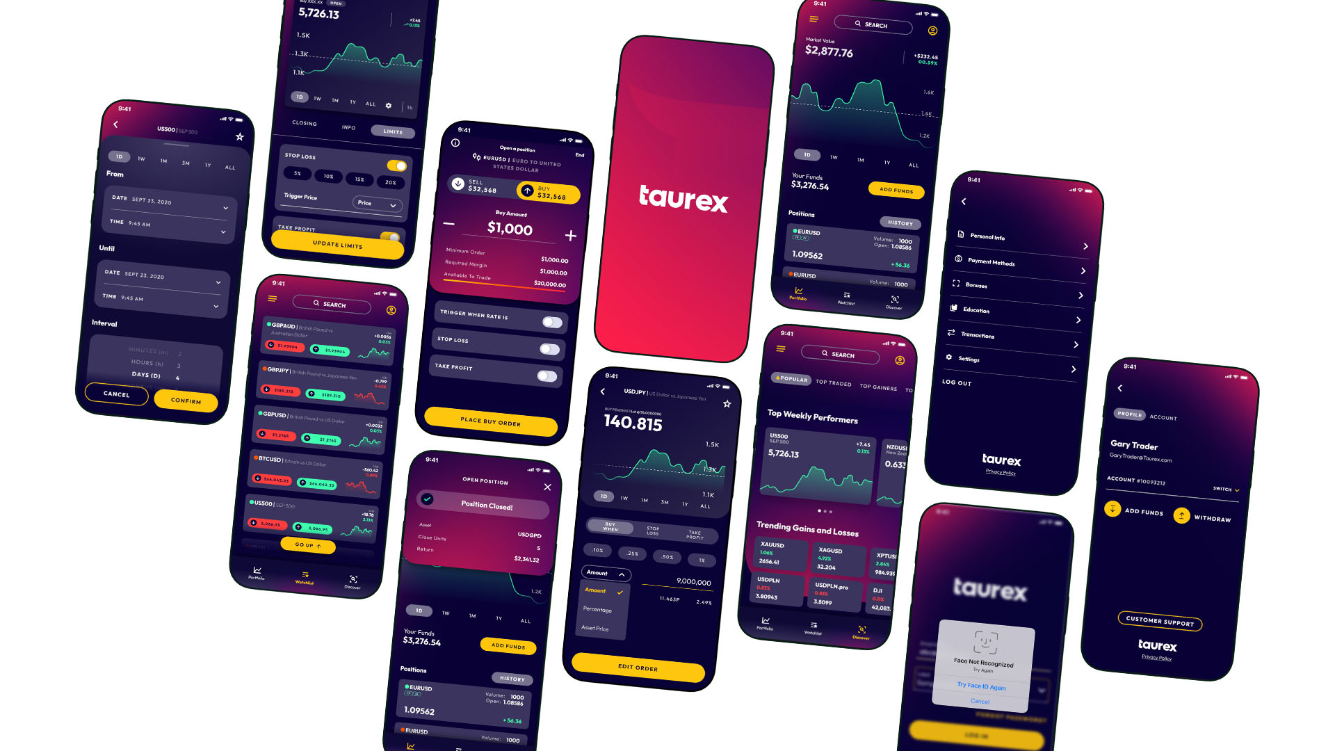 A perspective grid of finished Taurex app screens — charts, order entry, watchlists, trending performers, account settings, and Face ID