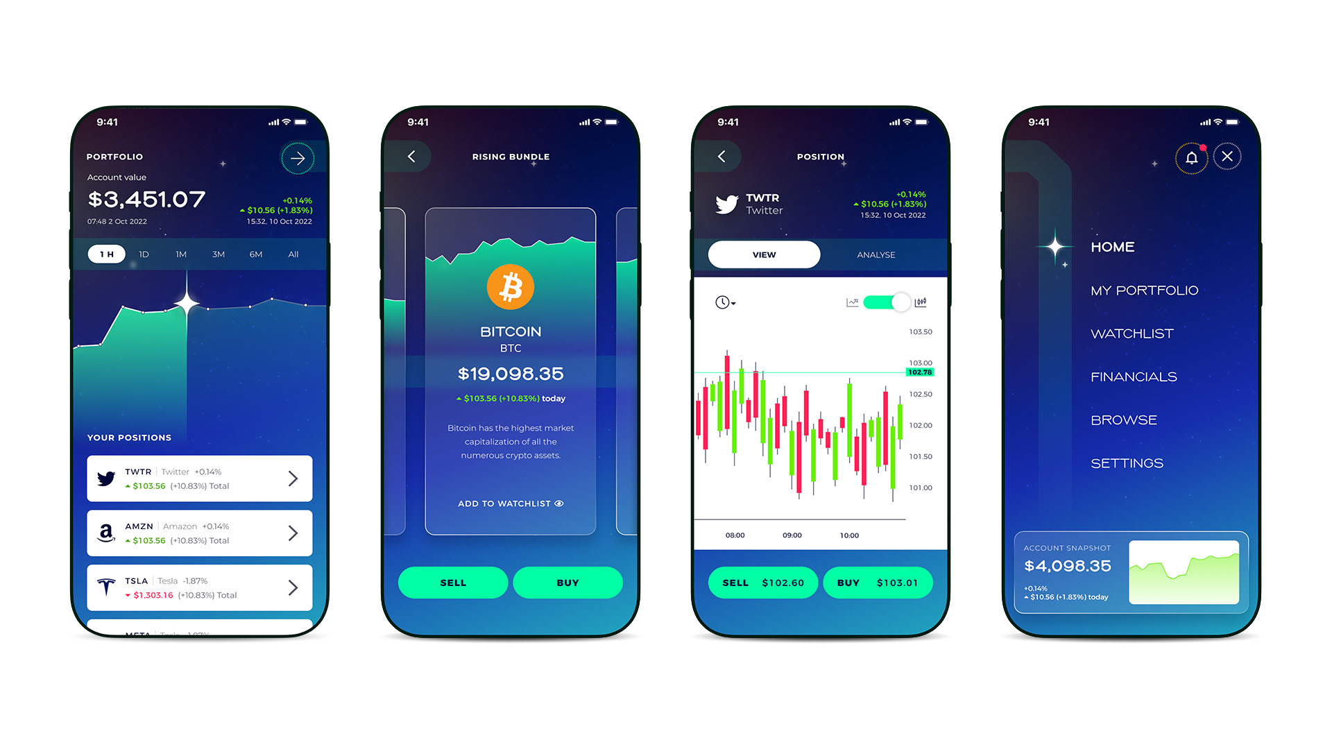 The pre-rebrand Taurex app — a lineup of early screens with inconsistent colour, type, and iconography