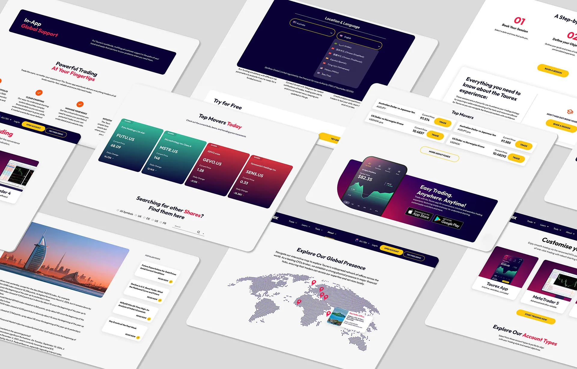 A perspective grid of Taurex desktop screens — global support, top-moving asset cards, the interactive global-presence map, account types, and the trading platform