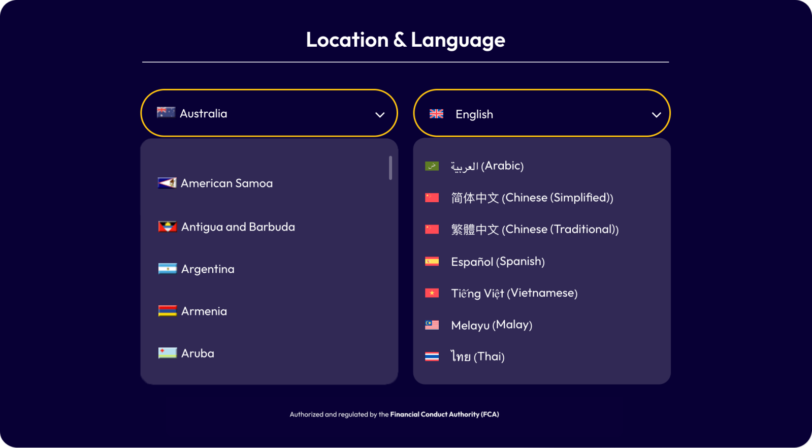 The Taurex location and language picker — a country dropdown beside a language list including Arabic, Chinese, Spanish, Vietnamese, Malay, and Thai