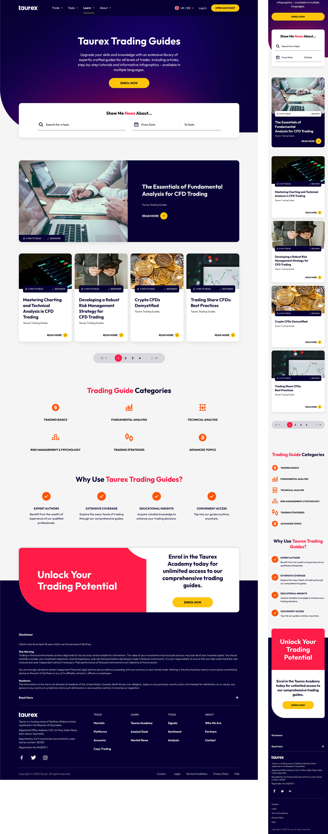 The full Taurex Trading Guides page on desktop and mobile side by side, scrolled top to bottom — the guide library, categories, why-use panel, and the Taurex Academy call to action