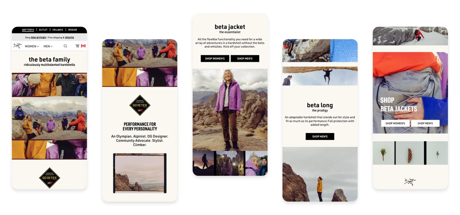 Mobile screens from The Beta Family landing page laid out in a grid