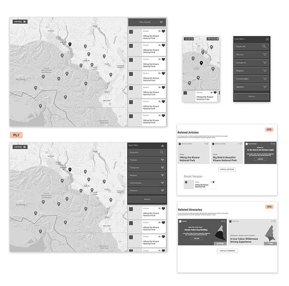 Further page wireframes with content and layout annotations