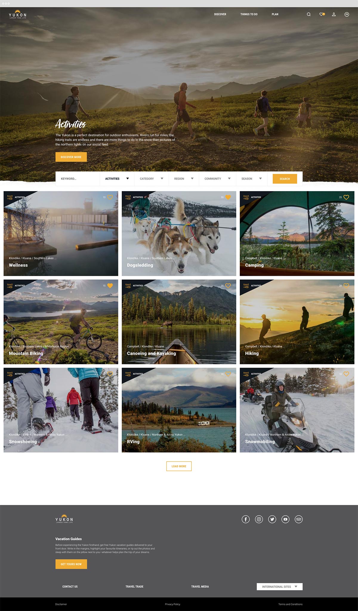 The full activities page design, top to bottom