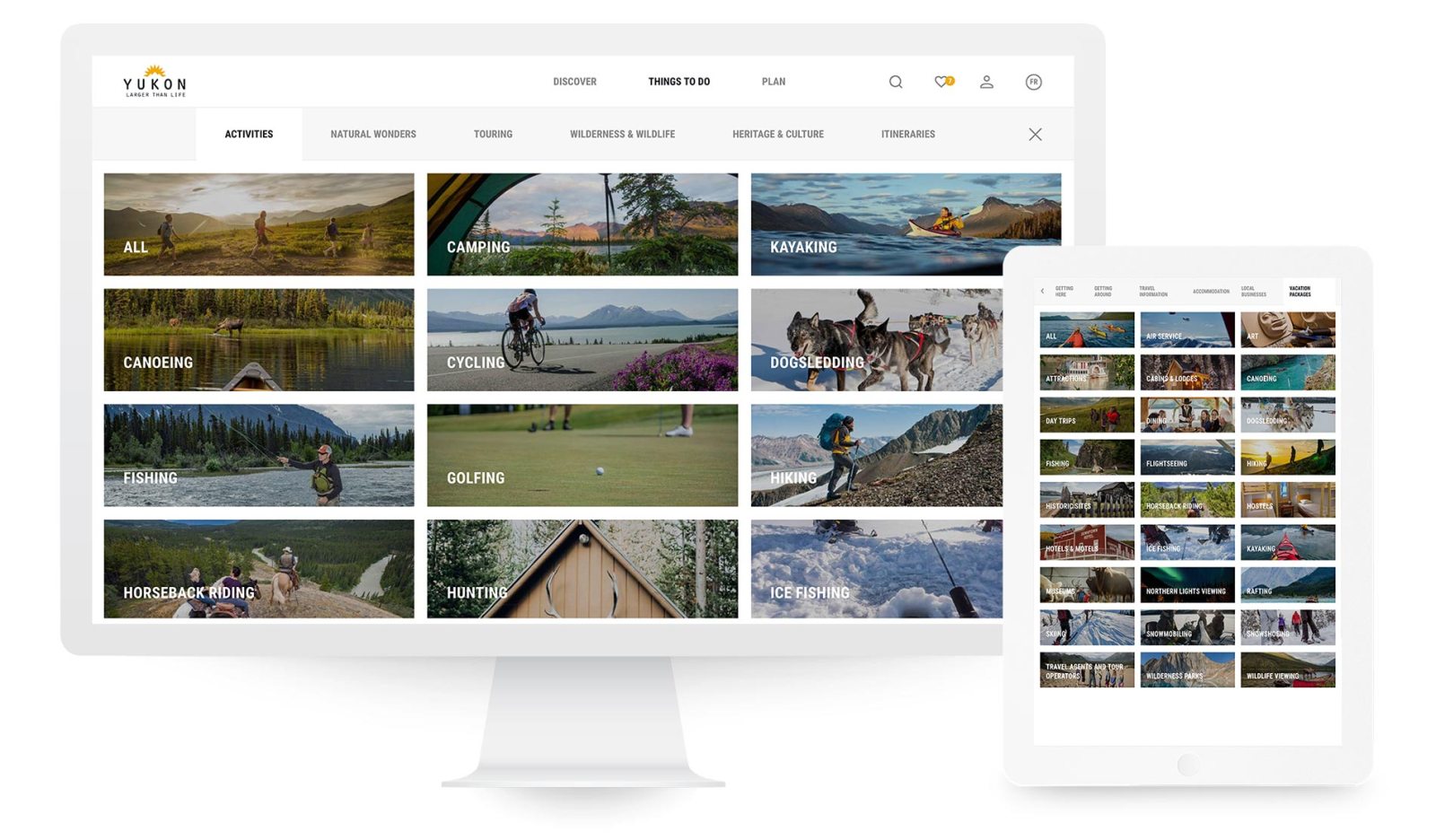 The full-screen visual navigation of activity image tiles, shown on desktop and tablet